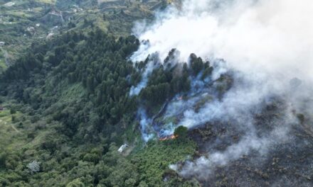 Desde temprano los bomberos de Medellín tratan de sofocar un gigantesco incendio en Santa Elena