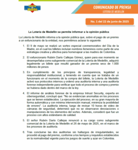 COMUNICADO LOTERIA DE MEDELLÍN