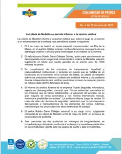 Comunicado Lotería de Medellín