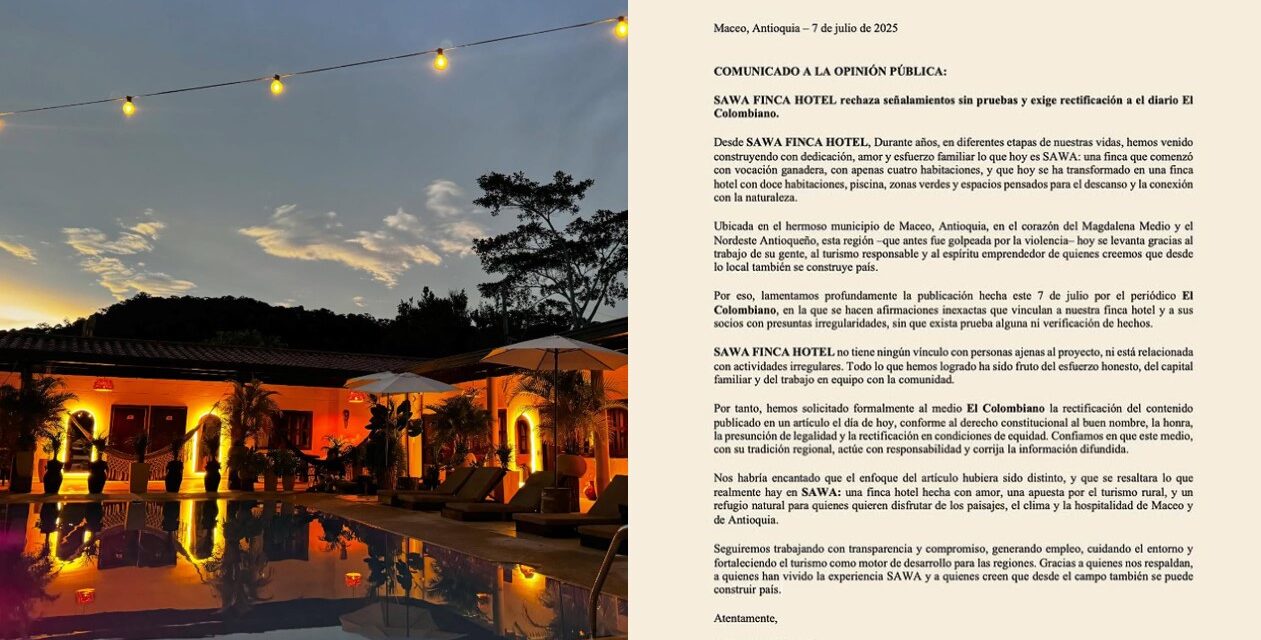 Gerente de Finca Hotel Sawa exige rectificación a El Colombiano