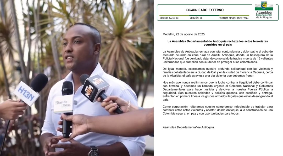 Asamblea de Antioquia rechaza atentados en Amalfi, Cali y Florencia