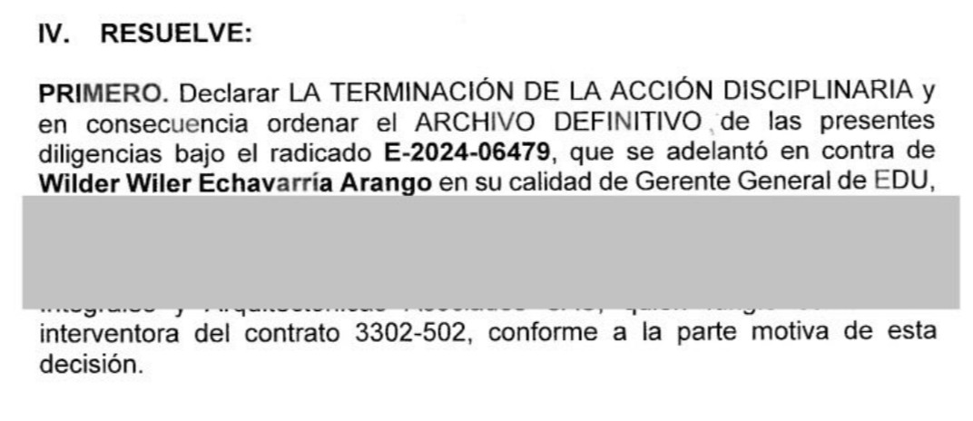Procuraduría archiva de forma definitiva proceso disciplinario contra el exgerente de la EDU, Wilder Echavarría