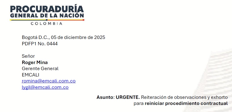 Procuraduría cuestiona respuesta de EMCALI y advierte falta de claridad en alianza para alumbrado público