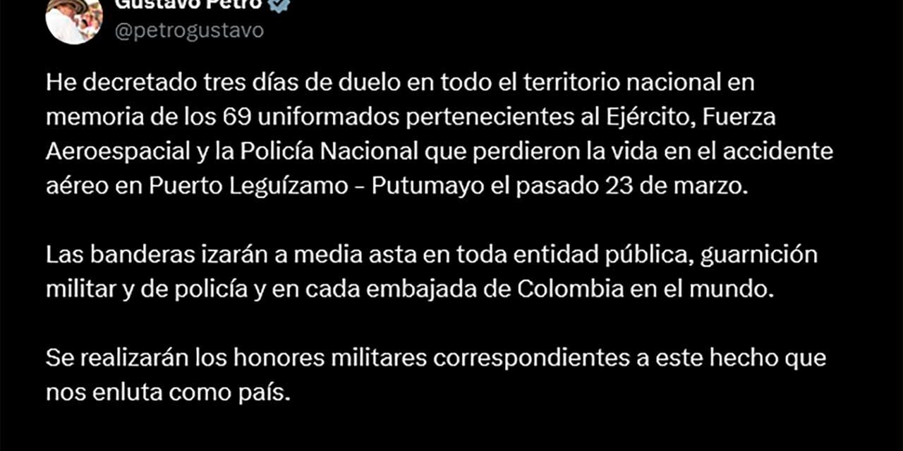 Gobierno decreta tres días de duelo nacional por muerte de 69 uniformados en accidente aéreo en Putumayo