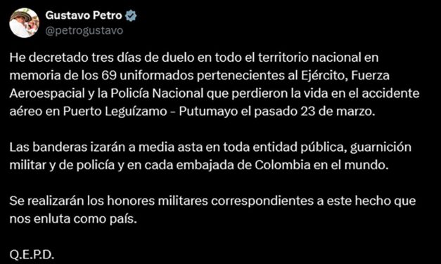 Gobierno decreta tres días de duelo nacional por muerte de 69 uniformados en accidente aéreo en Putumayo