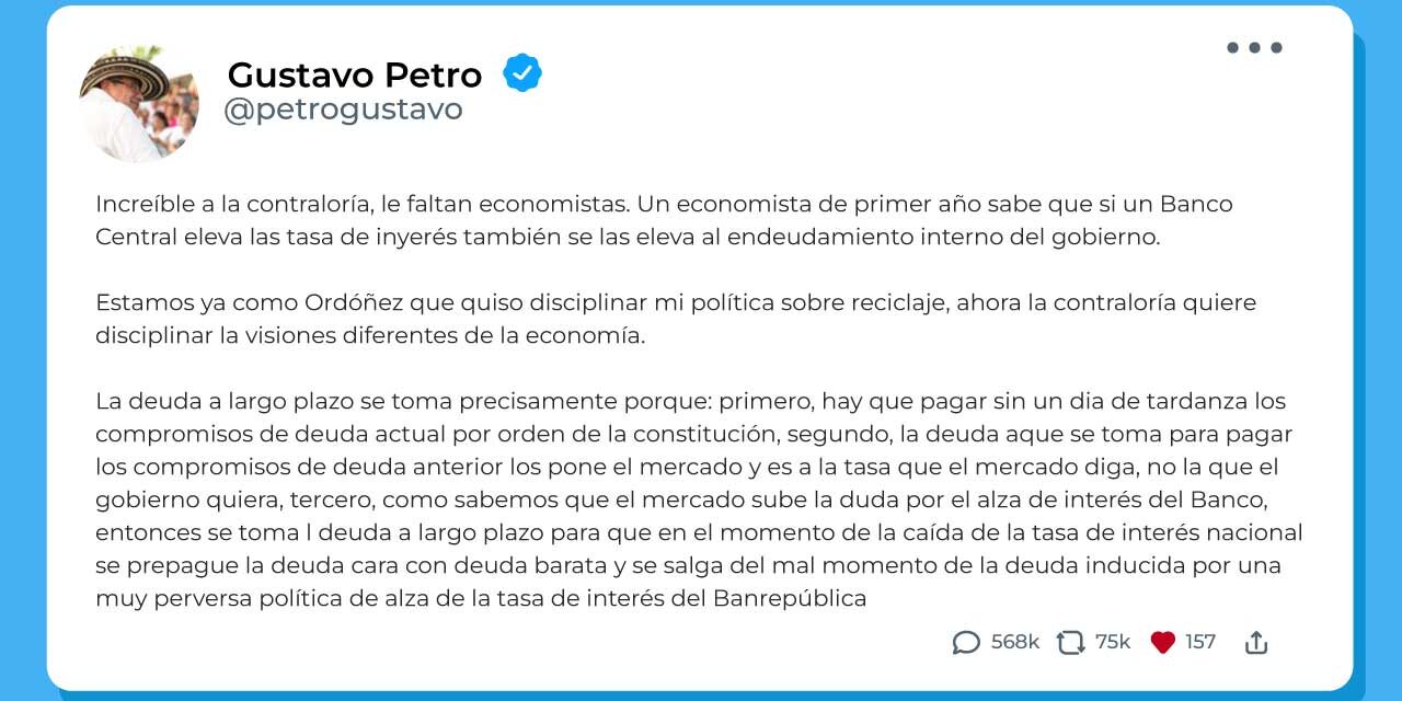 Petro defiende al MinHacienda tras investigación de la Contraloría por manejo de la deuda pública: “Le faltan economistas”
