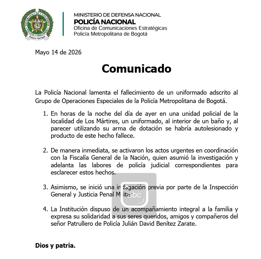 muerte del patrullero Benítez: Comunicado Policia Nacional por muerte del patrullero
