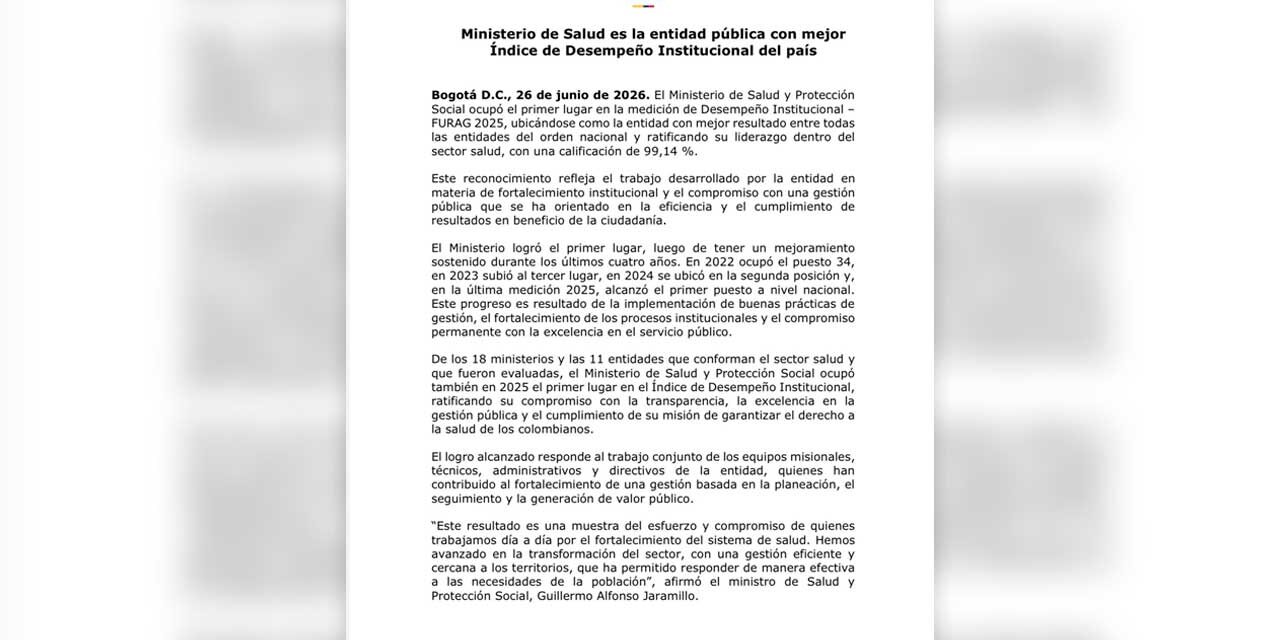 Ministerio de Salud lidera el Índice de Desempeño Institucional 2025 y ocupa el primer lugar entre las entidades nacionales