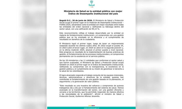 Ministerio de Salud lidera el Índice de Desempeño Institucional 2025 y ocupa el primer lugar entre las entidades nacionales
