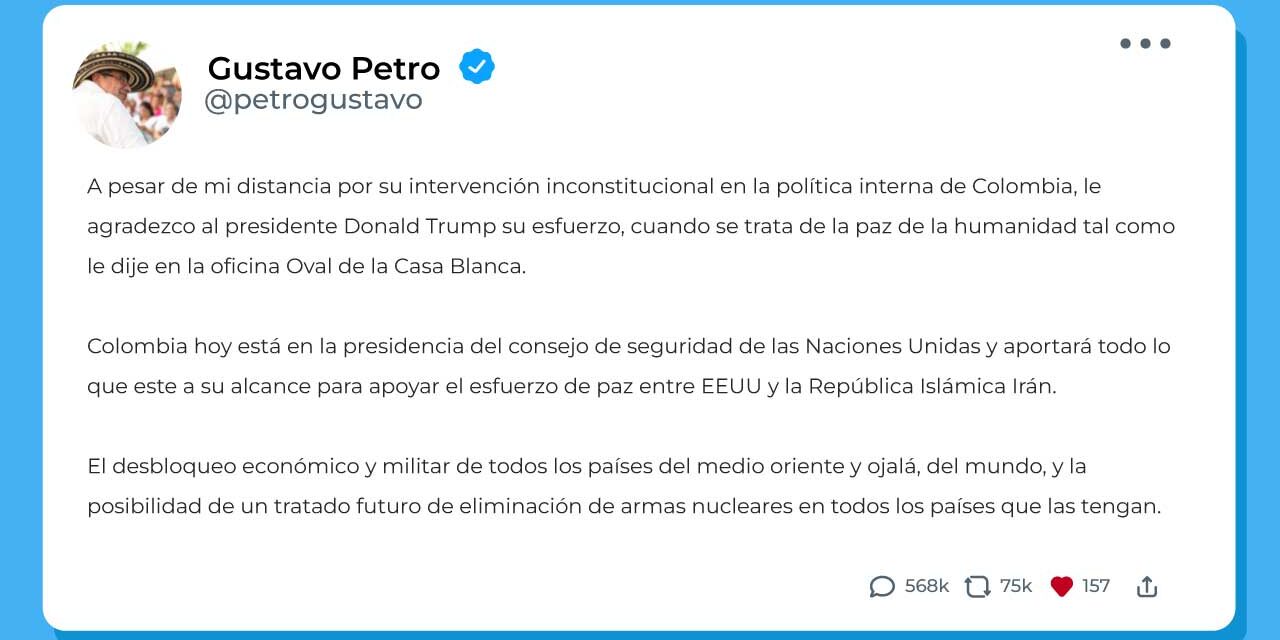 Petro pide fortalecer el diálogo entre Estados Unidos e Irán y ofrece apoyo desde la ONU para impulsar la paz