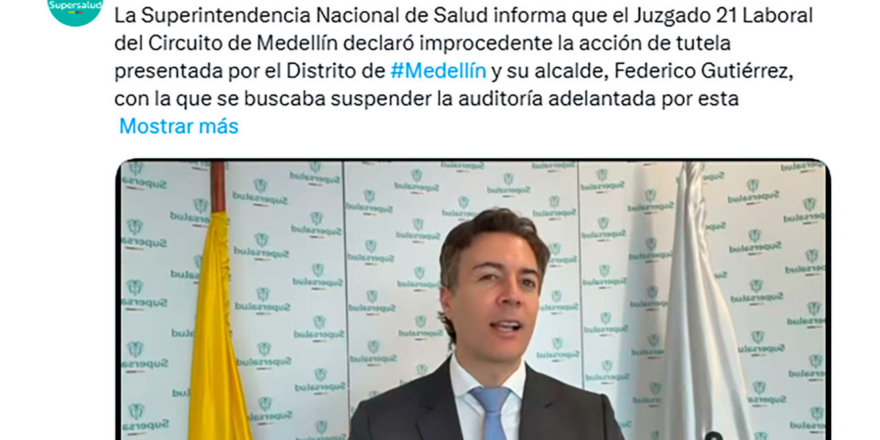 Juzgado declara improcedente tutela de la Alcaldía de Medellín contra auditoría de la Supersalud