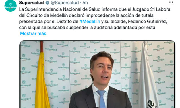 Juzgado declara improcedente tutela de la Alcaldía de Medellín contra auditoría de la Supersalud