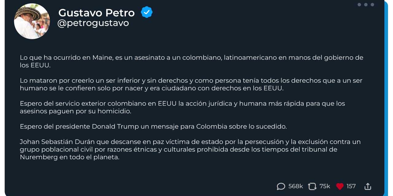 Petro pidió esclarecer la muerte de un colombiano en Estados Unidos y solicitó acciones diplomáticas