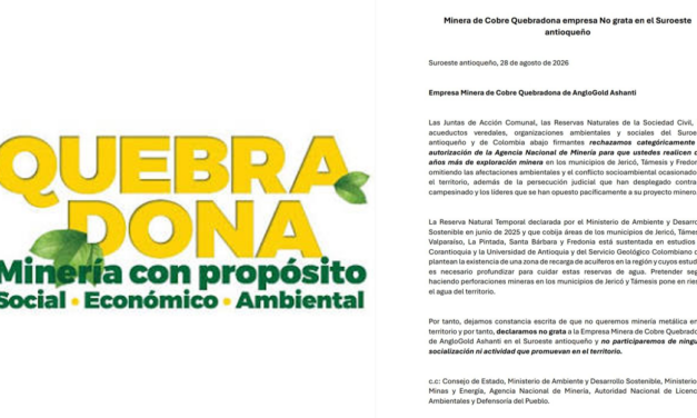 Organizaciones del Suroeste antioqueño declaran “no grata” a minera Quebradona