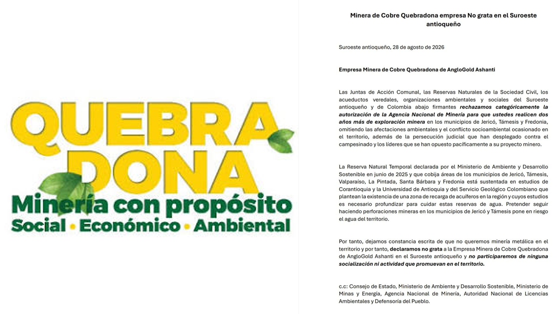 Organizaciones del Suroeste antioqueño declaran “no grata” a minera Quebradona