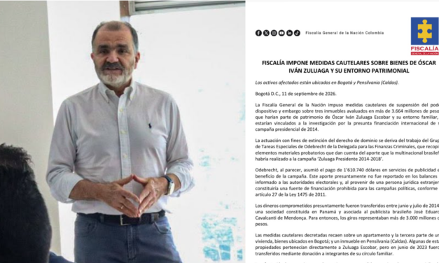 Fiscalía impone medidas cautelares sobre bienes de Óscar Iván Zuluaga y su entorno familiar