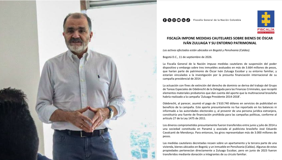 Fiscalía impone medidas cautelares sobre bienes de Óscar Iván Zuluaga y su entorno familiar
